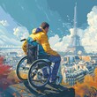 Paralympic games in France 2024 wallpaper design, man with disabilities looks at French architecture. AI generation