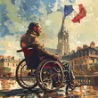 Paralympic games in France 2024 wallpaper design, man with disabilities looks at French architecture. AI generation