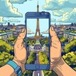 View on Paris and Eiffel tower through the camera in smartphone, travelling to France. Take a picture of sightseeng ,AI generation