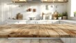 Wooden tabletop against blurred kitchen background for product mockups and display montages on scandinavian style