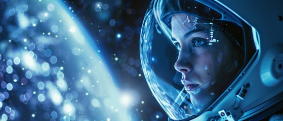 Wall Mural - Stunning portrait of a brave female astronaut wearing a helmet, marveling at the surrounding world. Concept for exploration, colonization, and space travel.