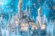 ethereal photograph capturing the enchanting beauty of a 3D fairy tale castle, adorned with intricate details and sparkling embellishments, against a blue background symbolizing ca