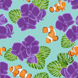 Seamless pattern with clown fish, blooming orchids and palm trees, tropical vector illustration.