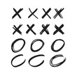 Crosses and Circles Manuscript Marks. Isolated Vector Monochrome X or O Signs on White Background. Writing Symbols
