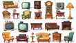 Older living room furniture and stuff sofa, wooden nightstand, armchair and antique television books, alarm clock, wood tv stand and table lamp with rag, Cartoon modern icons set