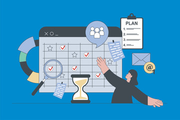 Aufkleber - Business planning concept in modern flat design for web. Woman making schedule with meetings at calendar, setting tasks and deadlines. Vector illustration for social media banner, marketing material.