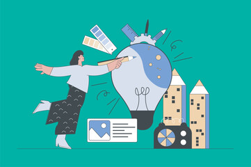 Wall Mural - creative process concept in modern flat design for web. woman generating new ideas, finding inspirat