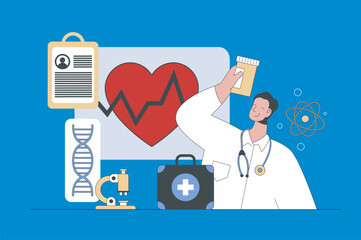 Poster - Medical concept in modern flat design for web. Doctor consulting patient and diagnosis, makes cardiologist prescription with medicines. Vector illustration for social media banner, marketing material.