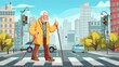 A senior pedestrian crosses a busy street on a zebra crossing, crossing without a companion. Old man with walking cane crosses the street alone. Cartoon modern illustration of an ageing character