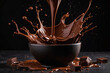 © Tim UR - Chocolate splash in a bowl ai generated. Chocolate waves and drops with chocolate bar pieces on dark background. Generative AI