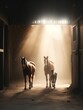A horse and a foal in a barn, surrounded by darkness and shadows