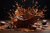 Fototapeta  - Chocolate splash with chocolate candies ai generated. Chocolate waves and drops on dark background. Generative AI