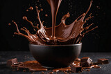 Fototapeta  - Chocolate splash in a bowl ai generated. Chocolate waves and drops with chocolate bar pieces on dark background. Generative AI