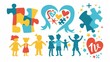 A set of cartoon symbols for international solidarity, with colorful puzzle pieces, a silhouette of a little girl and a little boy, a heart and a blue ribbon isolated on a white background.