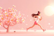3d female runner isolated on pink background. Marathon athlete. Cherry blossom tree. Horizontal layout