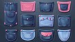 A modern cartoon set of blue and pink jeans pockets with seams, buttons, flaps, and embroidery isolated on white.