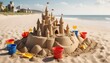 sandcastle and toys on the sand on the beach