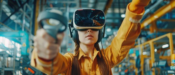 Wall Mural - Factory: Female Industrial Engineer wearing virtual reality headset and holding controllers while using CAD software for industrial design, development, and prototyping...