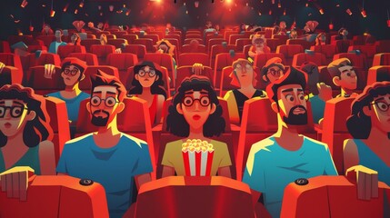 Wall Mural - Modern flyers with cartoon illustration of people in cinema auditorium with red seats and projector. Movie theater posters with audience in movie theater hall. Girl with popcorn and couple watching