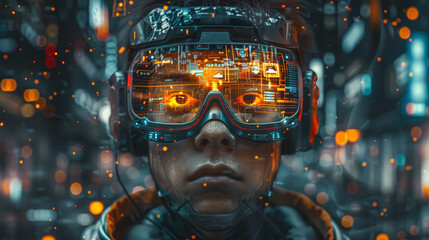 Wall Mural - Person in futuristic helmet with reflective visor displaying digital information, surrounded by glowing particles and circuit-like ambiance,combination of humans and technology