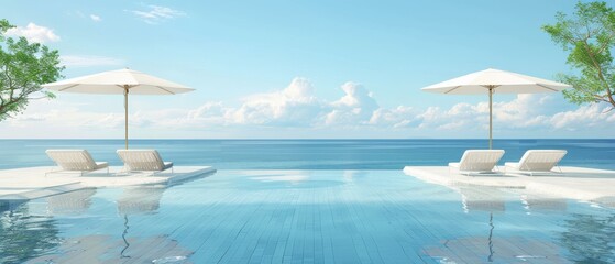 Wall Mural - An umbrella and chairs by the pool for summer vacations. 3D rendering.
