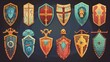 A set of game shields, illustrated fantasy medieval armor. Knight ammo, iron or wooden guard collection, UI elements, screen shots of military screens, isolated modern icons, clip art.