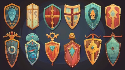 Wall Mural - A set of game shields, illustrated fantasy medieval armor. Knight ammo, iron or wooden guard collection, UI elements, screen shots of military screens, isolated modern icons, clip art.