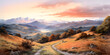 Watercolor illustration of landscape with mountains and beautiful sunset 