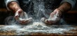 Male hands preparing dough for bread or other pastry closeup. Making dough by male hands on wooden table background