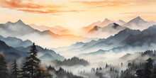 Watercolor Illustration Of Landscape With Mountains And Beautiful Sunset 
