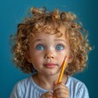 Portrait of a cute curly girl with a pencil on a blue background