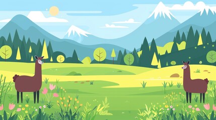 An adorable guanaco and llamas are depicted on the banner of a nature walk. It is a highland landscape with cute llamas, a cartoon illustration of a cute alpaca, and a template with an illustration