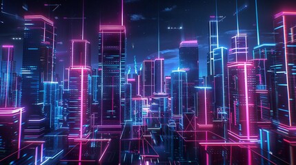 Wall Mural - futuristic digital cityscape with glowing neon lights and data streams cyberpunk 3d illustration