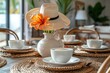 Modern luxury summer holiday or vacation beach house dinning room interior. Close up of breakfast coffee set on the table and a rustic handcrafted straw chair and orange decorating flower.