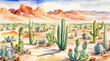 Various cactus in the desert valley, watercolor painting style, generative AI.