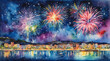 Fireworks over the city by the lake, watercolor painting style, generative AI.