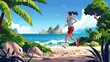 Sport workout cartoon poster, girl running by road, ocean and rocks landscape from the rear view. Female character working out or jogging outdoors.
