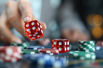 Close-up image of a hand tossing two red dice with casino chips in the blurred background