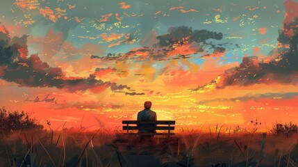 Canvas Print - preacher sitting on bench in field at sunset contemplative moment digital painting