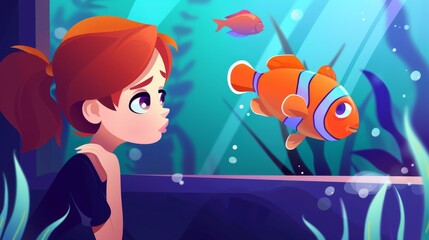 Wall Mural - Animated cartoon illustration showing tropical marine animals in a fish tank or oceanarium, with a cute girl behind a glass panel watching the fish.