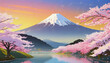 夕焼けの桜と富士山