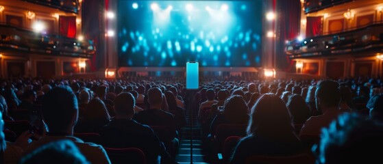 A live event showcasing brand new products: keynote speaker unveils high-tech smartphone device in a movie theater.