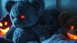 Cuddly toys under the threat of a cozy, obsidian parasite during a midnight scare