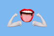 Woman's big mouth showing tongue raising arms demonstrating biceps on blue color background. Support women rights, feminism. Trendy creative collage in magazine style. Contemporary art. Modern design
