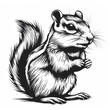 Graphic illustration of a chipmunk in a dynamic black and white style, highly detailed.