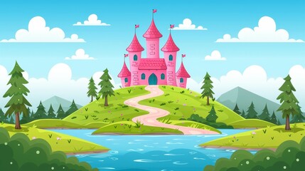 Sticker - On a green hill at the river coast on a sunny summer day, the pink magic castle stands in a lush forest with fir trees around, and under cloudy skies with blue water. Fantasy medieval architecture