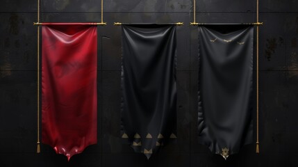 Wall Mural - Black and red vinyl banners. Mockup of fabric canvas, signboards hanging on golden ropes, gray horizontal or vertical awnings for street advertising.