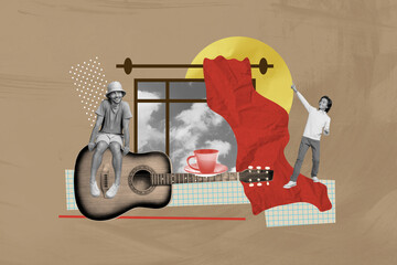 Poster - Creative collage picture young dreamy man sitting guitar player performer window curtains cup drink beverage drawing background