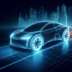 Wall Mural - Generic abstract futuristic Glowing Concept Car neon wireframe banner with copyspace empty area.