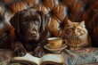 A chocolate labrador and a ginger cat share a cozy moment over an open book and a vintage teacup, showcasing domestic tranquility and the concept of comfort and companionship between species.